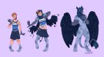  avian beak clothed clothing eyewear feathered_wings feathers featureless_crotch glasses gryphon hhazard human mammal nude paws piercing standing transformation wings 