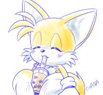  2_tails beverage blush bubble_tea canid canine chana drinking fox hands-free_bubble_tea mammal meme miles_prower multi_tail parody sonic_the_hedgehog_(series) 