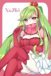  1girl blush breasts cleavage cleavage_cutout crossed_legs crown elbow_gloves gloves green_hair hairband highres long_hair ougi_hina personification pokemon pokemon_number red_eyes red_gloves red_hairband ribbed_sweater simple_background sitting solo sweater thighhighs tsareena very_long_hair 
