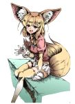  1girl :d absurdres animal_ears bangs blonde_hair blush bootie breasts fennec_(kemono_friends) fox_ears fox_tail fur_trim ga320aaa gloves groin highres kemono_friends large_ears looking_at_viewer open_mouth pleated_skirt red_eyes sitting skirt smile solo tail teeth thighhighs white_gloves yellow_legwear 