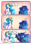  2019 angry blush cake chaosangeldesu comic cosmic_hair crown duo english_text equid ethereal_hair female feral food friendship_is_magic hair hi_res horn looking_back magic mammal multicolored_hair my_little_pony princess_celestia_(mlp) princess_luna_(mlp) pseudo_hair sibling sister sisters text winged_unicorn wings 
