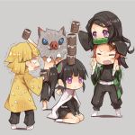  2girls 3boys agatsuma_zenitsu arashiya bamboo bare_legs belt bit_gag black_hair black_pants blank_eyes blonde_hair blush_stickers boar_mask breath brown_hair butterfly_hair_ornament carrying checkered chibi cloak closed_eyes coat cup eyebrows_visible_through_hair facial_scar full_body gag grey_background hair_ornament hair_ribbon haori hashibira_inosuke japanese_clothes kamado_nezuko kamado_tanjirou kimetsu_no_yaiba long_hair multiple_boys multiple_girls neck_ribbon open_mouth pants piggyback purple_eyes red_neckwear ribbon scar shirtless side_ponytail simple_background sitting socks stacking sweatdrop teacup thighs trembling tsuyuri_kanao uniform wariza wavy_mouth white_footwear 