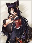 1girl animal_ears bare_shoulders black_dress black_hair breast_hold breasts cleavage commentary_request dress flying_sweatdrops granblue_fantasy highres huge_breasts ill long_hair looking_at_viewer nier_(granblue_fantasy) nier_(series) open_mouth red_background red_eyes solo very_long_hair 
