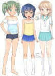  3girls :d artist_name bangs bare_shoulders barefoot black_shorts blue_eyes blue_hair blue_sailor_collar blue_skirt blush brown_eyes camisole closed_mouth collarbone dated eyebrows_visible_through_hair green_hair hair_between_eyes hair_ribbon hand_on_hip kneehighs light_brown_hair long_hair multiple_girls no_shoes off-shoulder_shirt off_shoulder open_mouth original parted_bangs pleated_skirt puffy_short_sleeves puffy_sleeves ribbon sailor_collar shirt short_shorts short_sleeves shorts signature simple_background skirt smile tan tanline twintails white_background white_legwear white_neckwear white_shirt yellow_camisole yellow_ribbon yone_kinji 