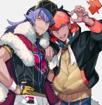  2boys baseball_cap cape character_request commentary_request dande_(pokemon) dark_skin dark_skinned_male facial_hair fang fur_trim gym_leader hat highres jacket long_hair looking_at_viewer male_focus multiple_boys open_mouth pokemon pokemon_(game) pokemon_swsh purple_hair rotom simple_background smile wakahiko white_background yellow_eyes 