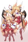  2girls animal_ears blonde_hair breasts closed_eyes detached_sleeves dual_persona eyebrows_visible_through_hair fox_ears fox_tail full_body hands_on_hips highres holding holding_sword holding_weapon izuna_(shinrabanshou) karukan_(monjya) katana long_hair looking_at_viewer medium_breasts multiple_girls multiple_tails red_eyes shinrabanshou sideboob simple_background smile standing sword tail thick_eyebrows thighhighs weapon white_background white_legwear wide_sleeves younger 