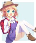  1girl :d alternate_costume ankle_boots arms_up backpack bag blonde_hair blue_background blue_eyes boots brown_footwear brown_headwear charm_(object) commentary_request eyebrows_visible_through_hair frog hair_ribbon hat leg_lift looking_at_viewer moriya_suwako open_mouth randoseru ribbon school_uniform short_hair sidelocks simple_background sitting smile solo thighhighs tomo_takino touhou white_legwear 