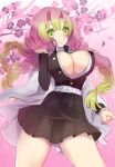  1girl arashiya areola_slip areolae belt black_skirt branch breasts cleavage coat covered_nipples cowboy_shot eyebrows_visible_through_hair flower gradient_hair green_eyes green_hair haori highres japanese_clothes kanroji_mitsuri kimetsu_no_yaiba large_breasts long_hair long_sleeves looking_at_viewer miniskirt mole mole_under_eye multicolored_hair partially_unbuttoned petals pink_hair pleated_skirt shirt skirt smile solo thighs tri_braids two-tone_hair wide_sleeves 