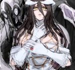  1girl albedo bangs breasts brown_eyes cleavage demon demon_girl dress gloves horns jewelry large_breasts long_hair looking_at_viewer notoro overlord_(maruyama) ring scared solo squid succubus sweat sweatdrop white_dress white_gloves wings 
