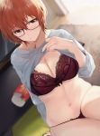  1girl akito_(d30n26) bangs blush box bra breasts cleavage closed_mouth clothes_lift commentary_request dutch_angle food glasses grey_sweater lace lace_bra large_breasts midriff navel orange_hair original panties pocky red_bra short_hair sweater sweater_lift table television underwear 
