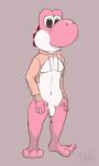  2019 anthro anthrofied balls bottomless clothed clothing digital_media_(artwork) dinosaur flaccid hoodie humanoid_penis lewd_lotl male mario_bros meme nintendo partially_clothed penis pink_clothing pink_hoodie pink_sweater pink_topwear pink_yoshi portrait reptile scalie simple_background smile solo standing sweater toony topwear twitter_hoodie uncut video_games yoshi 