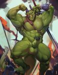  2019 5_fingers abs anthro armband balls biceps big_balls big_biceps big_muscles black_claws black_glans claws digital_media_(artwork) dragon erection fingers fist flag flexing glans green_balls green_body green_penis hi_res holding_object holding_sword holding_weapon horn huge_muscles humanoid_penis male melee_weapon muscular muscular_male mystikfox61 navel nude outside pecs penis red_sclera reptile scalie sharp_claws slit_pupils smile smirk solo standing step_pose sword teeth triceps varanis_blackclaw vein veiny_penis weapon 