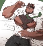  2019 5_fingers anime anthro bed belt big_muscles big_pecs black_bottomwear black_clothing black_nose black_pants blush body_hair bottomwear brown_beard brown_eyes brown_hair canid canine canis clothed clothing digital_media_(artwork) domestic_dog dress_shirt eyewear fingers furniture glasses hair hi_res holding_glasses lying male mammal muscular muscular_male necktie nipples on_bed open_shirt pants pecs pince-nez rolled_up_sleeves shirt smile solo syukapong topwear white_clothing white_shirt white_topwear 