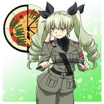  anchovy anzio_(emblem) anzio_military_uniform bangs belt beni_(bluebluesky) black_belt black_neckwear black_ribbon black_shirt commentary cowboy_shot dress_shirt drill_hair emblem eyebrows_visible_through_hair girls_und_panzer gradient gradient_background green_background green_hair grey_jacket grey_pants hair_ribbon highres holding jacket long_hair long_sleeves looking_at_viewer military military_uniform necktie outside_border pants red_eyes ribbon riding_crop sam_browne_belt shirt smirk standing twin_drills twintails uniform v-shaped_eyebrows wing_collar 