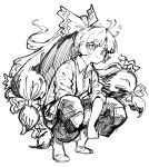  1girl baggy_pants bangs blue_eyes bow buttons collared_shirt cosplay fugota6509 fujiwara_no_mokou fujiwara_no_mokou_(cosplay) greyscale hair_bow hair_ornament highres hime_cut kunio-kun_series kyoko_(kunio-kun) long_hair long_sleeves monochrome ofuda orange_hair pants ponytail red_footwear red_pants river_city_girls shirt shoe_bow shoes sidelocks sleeves_rolled_up smile solo squatting suspenders touhou very_long_hair white_shirt 