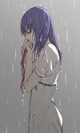  1girl closed_eyes cowboy_shot fate_(series) from_side grey_background holding holding_ribbon iceky long_hair matou_sakura purple_hair rain ribbon see-through solo wet wet_clothes 