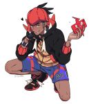  1boy black_hair blue_eyes dark_skin dark_skinned_male fang gloves gym_leader hairlocs hat headband jacket kibana_(pokemon) looking_at_viewer male_focus orange_headwear pokemon pokemon_(game) pokemon_swsh rem_(artist) rotom shorts simple_background smile 