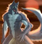  2016 abs anthro biceps canid canine canis fangs fur green_eyes half-erect hi_res humanoid_penis looking_away male mammal muscular muscular_male nude open_mouth outside pecs penis sharp_teeth solo standing teeth tongue vein wolf zex 