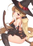  1girl absurdres apple ass azur_lane bangs bare_back bare_shoulders black_legwear blonde_hair blush breasts breasts_outside broom detached_sleeves dress eldridge_(azur_lane) eyebrows_visible_through_hair facial_mark fanbox_reward finger_to_mouth food fruit fujieda_uzuki hair_ornament hairclip halloween halloween_costume hat highres long_hair looking_at_viewer nipples no_panties paid_reward red_eyes saliva saliva_trail simple_background sleeveless sleeveless_dress small_breasts solo straddling striped striped_legwear thighhighs tongue tongue_out twintails vertical-striped_legwear vertical_stripes very_long_hair white_background witch witch_hat 