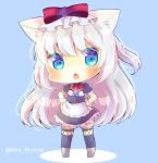  1girl american_flag american_flag_print animal_ear_fluff animal_ears apron azur_lane black_dress black_legwear blue_background blush bow cat_ears chibi commentary_request dress flag_print frilled_dress frills full_body grey_legwear hammann_(azur_lane) hands_on_hips kouu_hiyoyo long_hair looking_at_viewer one_side_up open_mouth print_neckwear puffy_short_sleeves puffy_sleeves red_bow short_sleeves silver_hair solo standing thighhighs twitter_username very_long_hair waist_apron white_apron wrist_cuffs 