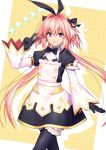  1boy artist_request astolfo_(fate) astolfo_(saber)_(fate) bangs black_bow black_gloves black_legwear black_ribbon blush bow bowtie commentary_request dress fang fate/grand_order fate_(series) frills gloves hair_bow hair_intakes hair_ribbon long_hair long_sleeves looking_at_viewer multicolored_hair otoko_no_ko pantyhose pink_hair purple_eyes ribbon skin_fang solo streaked_hair twintails v white_hair 
