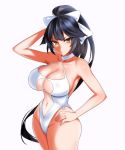  1girl absurdres azur_lane black_hair bow breasts casual_one-piece_swimsuit cleavage cowboy_shot criss-cross_halter hair_bow halterneck hand_on_hip hevn highres jewelry large_breasts long_hair looking_at_viewer navel_cutout one-piece_swimsuit ponytail ring simple_background solo standing swimsuit takao_(azur_lane) takao_(beach_rhapsody)_(azur_lane) wedding_band white_background white_bow white_swimsuit 