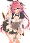  1girl astolfo_(fate) astolfo_(saber)_(fate) bangs between_legs black_bow black_dress black_neckwear black_ribbon blush bow bowtie breasts buttons cleavage cleavage_cutout dress fang fate/grand_order fate_(series) genderswap genderswap_(mtf) hair_between_eyes hair_bow hair_intakes hair_ribbon heart highres juliet_sleeves kawai layered_skirt leaning_forward long_hair long_sleeves looking_at_viewer low_twintails medium_breasts multicolored_hair open_mouth pink_hair puffy_sleeves purple_eyes ribbon sheath simple_background skirt smile solo streaked_hair sword thighs twintails v weapon white_background white_hair white_skirt wide_sleeves wing_collar 