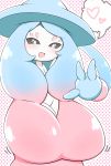  1girl :d absurdres aqua_hair black_sclera blush breasts cleavage gradient_hair hair_over_breasts hat hatterene highres huge_breasts long_hair multicolored_hair no_humans open_mouth pink_hair pokemon pokemon_(game) pokemon_swsh polka_dot polka_dot_background smile solo thought_bubble two-tone_hair very_long_hair white_eyes white_skin witch_hat 