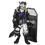  1:1 arknights bandolier belt black_body black_fur clothed clothing collar fur gloves grey_body grey_fur handwear hyaenid male mammal official_art ranged_weapon riot_shield solo spot_(arknights) spotted_hyena video_games weapon 