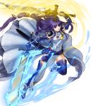 1girl alondite altina ankle_boots arm_guards blue_eyes blue_footwear blue_hair boots breasts clenched_teeth dress dual_wielding elbow_gloves fire_emblem fire_emblem:_radiant_dawn fire_emblem_heroes full_body gloves glowing glowing_sword glowing_weapon highres holding holding_sword holding_weapon kita_senri leg_up long_hair medium_breasts official_art parted_lips pelvic_curtain ragnell sheath shoulder_armor shoulder_pads sleeveless sleeveless_dress sword teeth thighhighs tied_hair transparent_background very_long_hair weapon 