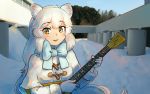  1girl :d animal_ear_fluff animal_ears arctic_fox_(kemono_friends) balalaika_(instrument) bangs blue_neckwear bow bowtie brown_eyes capelet commentary day extra_ears eyebrows_visible_through_hair fox_ears fur-trimmed_sleeves fur_trim gloves highres instrument kemono_friends long_hair long_sleeves looking_at_viewer music open_mouth outdoors playing_instrument signature smile snow solo welt_(kinsei_koutenkyoku) white_gloves white_hair 