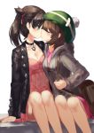  2girls arm_at_side bag bangs bare_arms black_hair black_jacket blush breasts brown_hair cleavage commentary_request dress french_kiss green_eyes green_headwear grey_coat hair_ribbon highres hood hood_down hooded_coat jacket julbakgaksii kiss long_sleeves mary_(pokemon) multiple_girls open_clothes open_jacket pink_dress pokemon pokemon_(game) pokemon_swsh red_ribbon ribbon short_hair short_twintails shoulder_bag simple_background sitting small_breasts sweat tam_o&#039;_shanter twintails white_background yuri yuuri_(pokemon) 