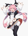  1boy animal_ears astolfo_(fate) astolfo_(saber)_(fate) bangs black_bow black_gloves black_ribbon bow bowtie bunny_ears commentary_request dress fate/grand_order fate_(series) gloves hair_bow hair_intakes hair_ribbon highres kaoruko(unkrk55) long_hair long_sleeves looking_at_viewer multicolored_hair otoko_no_ko pantyhose pink_hair purple_eyes ribbon solo streaked_hair twintails white_hair 