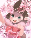  absurd_res anthro blue_eyes brown_eyes cherry_blossom female flower hi_res itaki. kemono lagomorph leporid mammal open_mouth pink_bow plant rabbit signature solo whiskers 