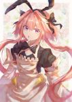  1boy astolfo_(fate) astolfo_(saber)_(fate) bangs black_bow black_dress black_gloves black_neckwear black_ribbon blush bow bowtie buttons dress fate/grand_order fate_(series) floral_background gloves hair_between_eyes hair_bow hair_intakes hair_ribbon hamachamu juliet_sleeves long_hair long_sleeves looking_at_viewer low_twintails multicolored_hair open_mouth otoko_no_ko pink_hair puffy_sleeves purple_eyes ribbon skirt solo streaked_hair twintails white_hair white_skirt wide_sleeves wing_collar 