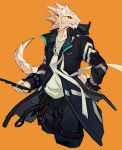  arknights clothed clothing f12_(arknights) hi_res holding_object jewelry male necklace scales scalie simple_background solo tan_body tan_scales video_games yellow_eyes 