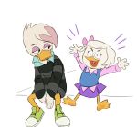  2018 4_fingers accessory anatid anseriform anthro avian bird blue_clothing blue_shirt blue_topwear bottomwear clothed clothing disney duck ducktales ducktales_(2017) duo excited female fingers footwear green_clothing green_footwear green_shoes hair_accessory hair_bow hair_ribbon lena_(ducktales) open_mouth pink_clothing pink_shirt pink_topwear purple_bottomwear purple_clothing purple_skirt ribbons shirt shoes simple_background skirt striped_sweater topwear ursidanger webby_vanderquack white_background 