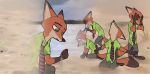  2019 absurd_res anthro barefoot black_nose bottomwear canid canine clothed clothing cloud dipstick_ears disney fox fully_clothed fur gloves_(marking) green_eyes hi_res inner_ear_fluff kneeling mammal markings multicolored_ears multiple_poses necktie nick_wilde open_mouth orange_body orange_fur outside pants pawpads pose red_fox sand shirt sky solo standing theblueberrycarrots topwear tuft upset zootopia 