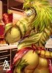  apron apron_only butt clothing felid hi_res kitchen looking_at_viewer looking_back magan male mammal miao_piao mostly_nude muscular muscular_male pantherine tiger tokyo_afterschool_summoners video_games 