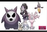  1boy ahoge ankle_socks black_hair cursola gengar gloves gym_leader mask mimikyu onion_(pokemon) poke_ball poke_ball_(generic) pokemon pokemon_(game) pokemon_swsh purple_eyes short_hair shorts single_glove sorry_utpr sweatdrop yamask 