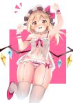  1girl absurdres arm_up armpits babydoll bangs blonde_hair blush bow commentary crystal dleung eyebrows_visible_through_hair fang feet_out_of_frame flandre_scarlet garter_straps groin hand_up hat hat_bow highres long_hair looking_at_viewer mob_cap navel one_side_up open_mouth panties pink_bow pink_footwear red_eyes shoes solo spaghetti_strap strap_slip striped striped_panties thighhighs thighs touhou underwear underwear_only white_background white_headwear white_legwear wings wrist_cuffs 