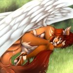  1:1 2019 4_toes 5_fingers anthro brown_hair canid canine day detailed_background eyebrows eyelashes eyes_closed feathered_wings feathers female fingers fox grass hair hi_res hybrid mammal outside pussy solo sunnyowi toes white_body white_feathers wings 