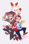  2boys arm_around_neck artist_name beanie blue_jacket brown_eyes brown_hair cable_knit dark_skin dark_skinned_male flying_sweatdrops fur_trim gen_8_pokemon grey_eyes grin hat highres holding holding_poke_ball hop_(pokemon) jacket male_focus masaru_(pokemon) multiple_boys poke_ball poke_ball_(generic) pokemon pokemon_(creature) pokemon_(game) pokemon_swsh popped_collar purple_hair red_shirt scorbunny shirt simple_background smile sobble twitter_username wooloo yellow_eyes 