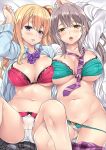  2girls aqua_bra aqua_panties areola_slip areolae arm_up asymmetrical_docking bangs blonde_hair blue_skirt blush bow bow_panties bowtie bra breast_press breasts cleavage collared_shirt earrings grey_skirt hair_ribbon heart jewelry lace lace-trimmed_bra large_breasts long_hair looking_at_viewer loose_neckwear mizuhara_yuu multiple_girls navel necktie one_side_up open_clothes open_mouth open_shirt original panties panty_pull pink_bra pink_panties plaid plaid_skirt purple_eyes purple_neckwear purple_skirt ribbon shiny shiny_skin shirt skirt skirt_pull skirt_removed spread_legs stomach stud_earrings sweatdrop thighs tongue tongue_out underwear white_panties white_shirt yellow_eyes 