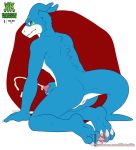  2019 3_toes anus blue_body blue_skin bodily_fluids butt claws cum cumshot digimon digimon_(species) ejaculation erection feet flamedramon genital_fluids hi_res kneeling looking_at_viewer looking_back male masturbation orgasm penis scalie shadowpelt simple_background solo toes 