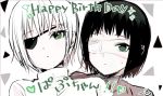  1girl black_coat black_eyepatch black_jacket coat english_text eyepatch green_eyes green_hair happy_birthday heart jacket looking_at_viewer medical_eyepatch monochrome mutsuki_tooru nervous nyako_umi reverse_trap short_hair sweat sweatdrop tokyo_ghoul tokyo_ghoul:re tomboy trench_coat white_background white_coat white_eyepatch white_hair white_jacket 