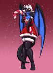  2019 armwear bashful blue_body blue_scales blush breasts candy candy_cane christmas cleavage clothed clothing dragon elbow_gloves food gloves handwear hi_res holidays horn legwear membrane_(anatomy) membranous_wings red_eyes savannah_the_dragon scales solo thick_thighs thigh_highs toughset wings 