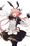  1boy astolfo_(fate) astolfo_(saber)_(fate) bangs black_bow black_gloves black_legwear black_ribbon blush bow bowtie commentary_request dress fate/apocrypha fate_(series) frills gloves hair_bow hair_intakes hair_ribbon happy highres holding long_hair long_sleeves looking_at_viewer multicolored_hair one_eye_closed ororooops otoko_no_ko pink_hair purple_eyes ribbon simple_background smile solo streaked_hair twintails white_background white_hair 