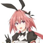  000kk 1boy absurdres astolfo_(saber)_(fate) bangs black_bow black_gloves black_ribbon blush bow bowtie commentary_request eyebrows_visible_through_hair face fate/grand_order fate_(series) gloves hair_bow hair_intakes hair_ribbon highres long_hair looking_at_viewer multicolored_hair open_mouth otoko_no_ko pink_hair purple_eyes ribbon simple_background solo streaked_hair twintails white_background white_hair 