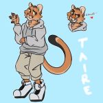 1:1 absurd_res anthro blue_background brown_eyes clothing commissioned_art cougar digitigrade fangs felid feline footwear hi_res invalid_tag male mammal model_sheet round_ears shoes simple_background sinamuna smile smirk solo sweater taire topwear yellow_sclera 
